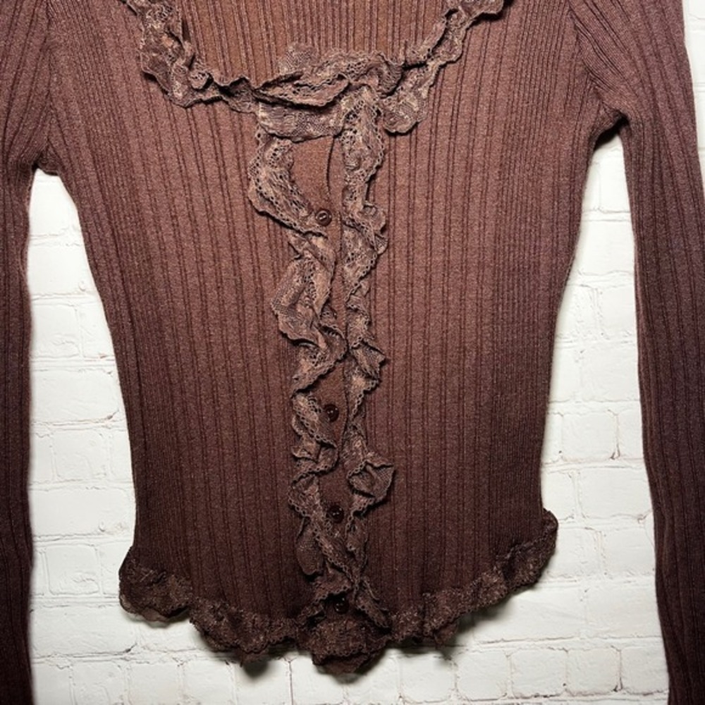 Brown Ruffled Ribbed Long-Sleeve Cardigan - Picture 5 of 9
